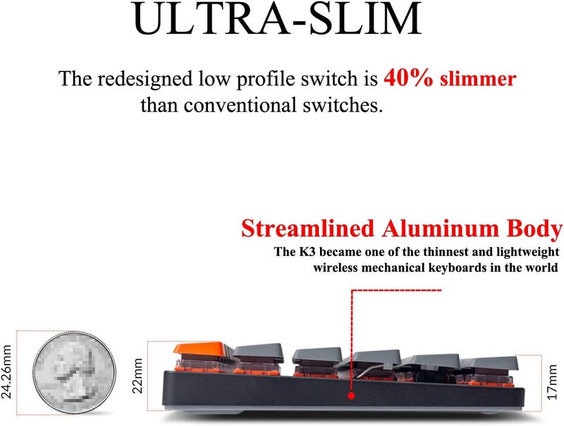 Keychron K3 الإصدار 2، تخطيط 75% 84 مفتاح لوحة مفاتيح ميكانيكية فائقة النحافة لاسلكية بلوتوث/سلكية مع إضاءة خلفية بيضاء، مفتاح بني بصري منخفض الملف قابل للتبديل لنظامي Mac و Windows - Image 5